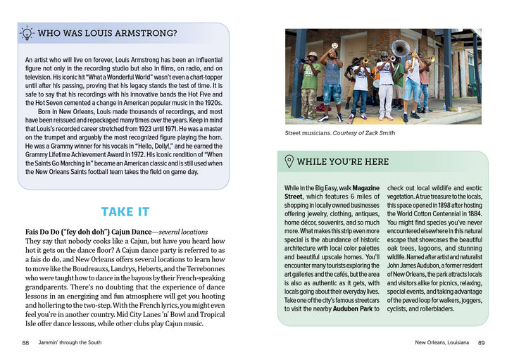 Jammin' through the South" by Schiffer Publishing, Ltd. is a two-page magazine spread celebrating Louisiana culture with features on Louis Armstrong, Cajun dance tips, New Orleans activities, and street musician photos.