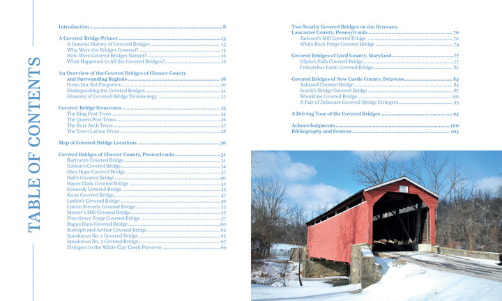 On the left is the table of contents from "Crossing under Cover" by Schiffer Publishing, Ltd.; on the right, a red covered bridge in Chester County, PA, crosses a partially frozen creek amid bare trees and light snow.