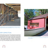 On the left is a close-up of wooden supports inside a covered bridge; on the right, "Crossing under Cover" by Schiffer Publishing, Ltd. features a red wooden bridge with lattice windows spanning a grass- and tree-lined creek.