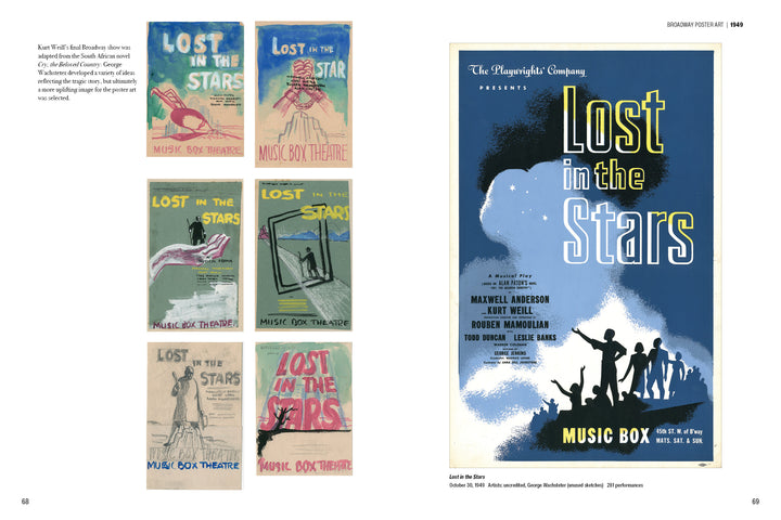 A spread from Broadway Poster Art by Schiffer Publishing, Ltd. features six vintage Lost in the Stars posters from the Music Box Theatre on the left, and a large blue poster with people’s silhouettes and stars on the right.
