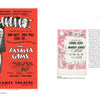 Left: Broadway Poster Art by Schiffer Publishing, Ltd. showcases a vivid red poster for The Pajama Game with an illustrated woman in pajamas. Right: Mardi Gras program cover from 1954—exceptional theatre memorabilia for collectors.