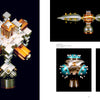 A collage of four futuristic metallic sculptures from "The Machinist Sculptor" by Schiffer Publishing, Ltd., featuring geometric shapes in silver, copper, gold, and turquoise on a white and black background.