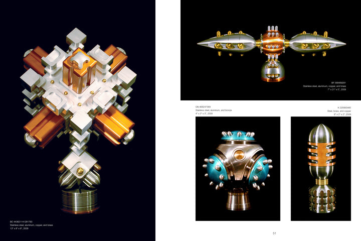 A collage of four futuristic metallic sculptures from "The Machinist Sculptor" by Schiffer Publishing, Ltd., featuring geometric shapes in silver, copper, gold, and turquoise on a white and black background.