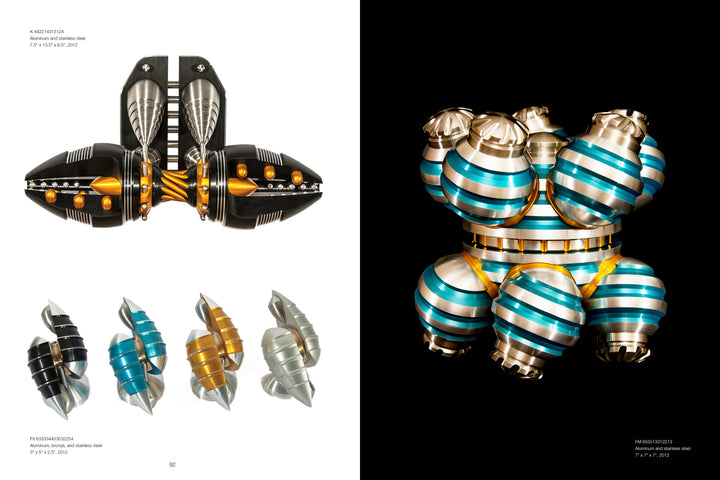 Four metallic, spiral sculptures in black, gold, silver, and blue stand on white (left), with Bathgate-inspired spheres clustered on black (right). From "The Machinist Sculptor" by Schiffer Publishing, Ltd.