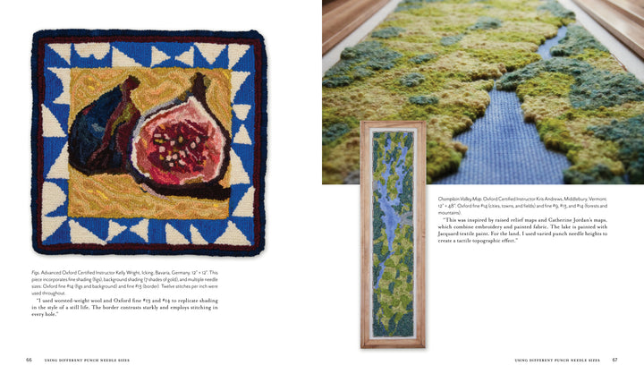 Left: A vibrant rug made with Intermediate & Advanced Punch Needle Rug Hooking by Schiffer Publishing, Ltd. shows two figs on a patterned backdrop. Right: A long punch needle piece framed in wood evokes mossy terrain.