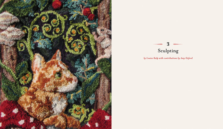 Created with the Oxford Punch Needle, this artwork for "Intermediate & Advanced Punch Needle Rug Hooking" (Schiffer Publishing, Ltd.) shows an orange and white cat among plants, vines, and mushrooms. Chapter 3: Sculpting appears on the right.