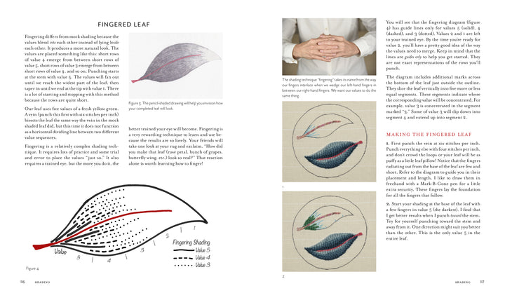 A tutorial page from Schiffer Publishing, Ltd.’s "Intermediate & Advanced Punch Needle Rug Hooking" shows instructions and diagrams for embroidering a Fingered Leaf, featuring text, hand-drawn diagrams, embroidery samples, and photos.