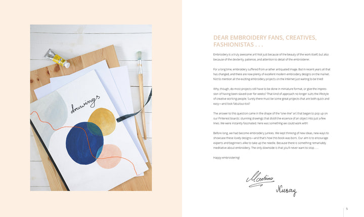 A flat lay of drawing tools, paper, and a minimalist embroidery design from “Stitch with One Line” by Schiffer Publishing, Ltd., with overlapping colorful circles and wavy stitches—ideal for beginner embroidery projects.