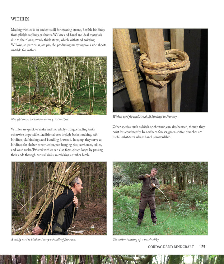 A page from Core Bushcraft by Schiffer Publishing, Ltd. shows how to make willow withies, featuring photos of straight rods, traditional hand binding, a man tying withies, and carrying a bundle in the woods.
