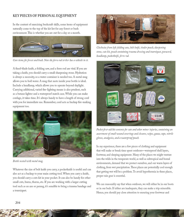 A page from "Core Bushcraft" by Schiffer Publishing, Ltd. shows knives, fire-starting tools, folding saw, first aid kit, headlamp, mug, and pouches with images and descriptions of each essential bushcraft item.