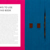 A book spread for Tapestry with Pulled Warp by Schiffer Publishing, Ltd. shows "Ways to Use This Book" in bold on the left with text on white and a pink margin; the right page displays blue fabric with stitched brown squares and a vertical orange seam.