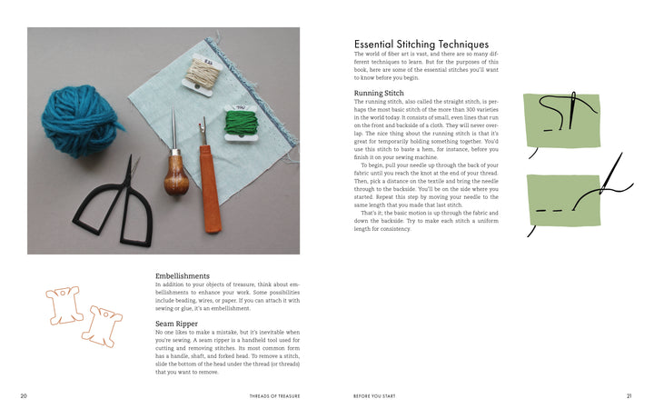 A modern crafter's flat lay: yarn, needles, scissors, fabric, seam ripper—all beside Threads of Treasure by Schiffer Publishing, Ltd., open to stitching techniques and running stitch embroidery. Small polar bear sketches accent the bottom left.