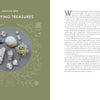 A green page from "Threads of Treasure" by Schiffer Publishing, Ltd. shows seashells, coral, and a pearl arranged in a bowl with line art of jars and shells—perfect inspiration for modern crafters. Opposite page heading: Displaying Treasures.