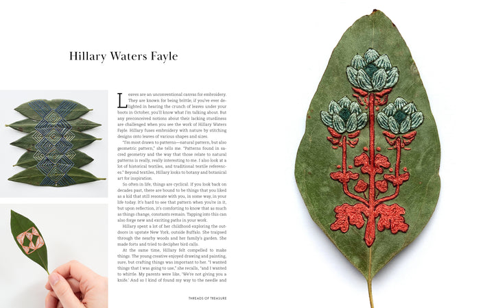 On the right, "Threads of Treasure" from Schiffer Publishing, Ltd. features a large green leaf with red stems and blue-green flowers; on the left are crafters' embroidery highlights, step-by-step projects, and info on Hillary Waters Fayle.