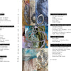 A table of contents spread from "Explorations with Collage!" by Schiffer Publishing, Ltd. shows section titles and page numbers on both pages, with abstract mixed-media art and digital collage techniques displayed vertically in the center.
