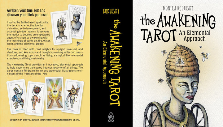 Book cover for The Awakening Tarot by Schiffer Publishing, Ltd., showing illustrated tarot cards and a central figure with textured hair and beads, symbolizing earth-based spirituality on a vivid yellow background.