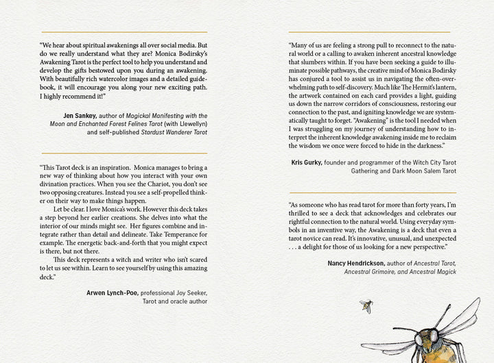 A testimonials page for The Awakening Tarot by Schiffer Publishing, Ltd., featuring endorsements from tarot experts on its insights into elemental spirituality. Light textured background with a detailed bee illustration at the bottom right corner.