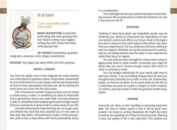 In The Awakening Tarot by Schiffer Publishing, Ltd., the illustrated 10 of Earth card depicts a deep-rooted tree in a glass dome. The page covers elemental spirituality, keywords, messages, meanings, shadow insight, and uses two-column text.
