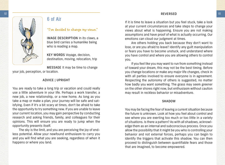The Awakening Tarot by Schiffer Publishing, Ltd. features a unique 6 of Air card: a blue bird carries a map-reading figure. The page details upright, reversed, and shadow meanings, highlighting elemental spirituality.