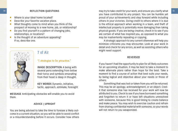 A page from The Awakening Tarot by Schiffer Publishing, Ltd. explores the 7 of Air card with keywords, advice, and upright/reversed meanings. The card shows a pensive figure and birds; reflection questions are in a blue box along the left margin.