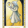 The Fool's New Journey Tarot by Schiffer Publishing, Ltd. features card 19 THE HERMIT: a robed figure with a glowing star orb, walking within a golden arch, bordered in yellow and white—an inspiring piece for any modern Tarot collection.