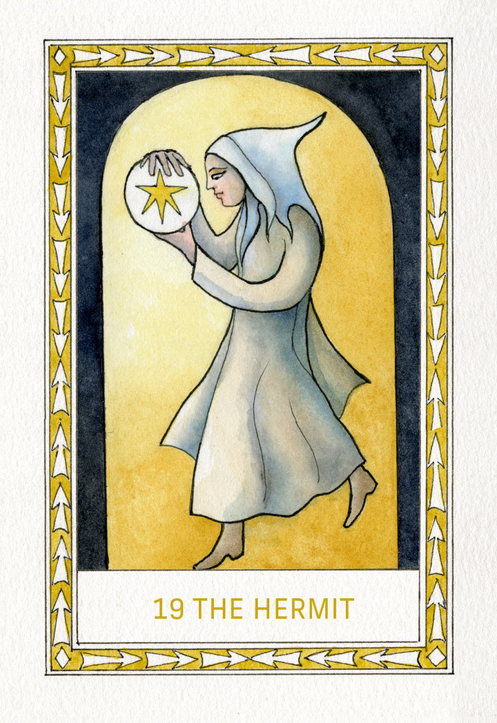 The Fool's New Journey Tarot by Schiffer Publishing, Ltd. features card 19 THE HERMIT: a robed figure with a glowing star orb, walking within a golden arch, bordered in yellow and white—an inspiring piece for any modern Tarot collection.