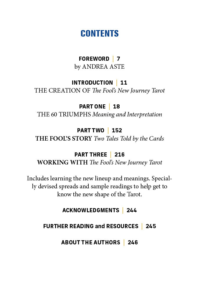 The Fool's New Journey Tarot by Schiffer Publishing, Ltd. features a table of contents with Foreword, Introduction, Parts One–Three, Acknowledgments, Further Reading & Resources, and About the Authors—ideal for modern Tarot explorers.