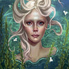A mystical woman with flowing white hair floats underwater among green elodea and tiny white flowers. Text: Elodea from The Flowerwise Oracle by Schiffer Publishing, Ltd.—flexibility and balance are key in this botanical guidebook.