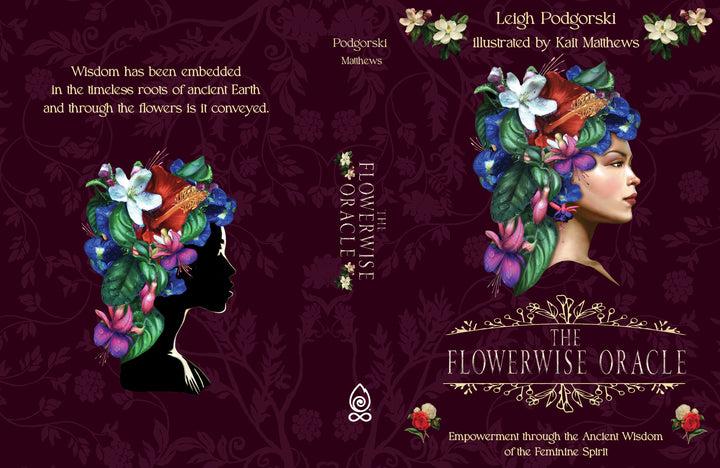 The Flowerwise Oracle by Schiffer Publishing, Ltd. features a woman’s silhouette with colorful flowers and leaves on a dark maroon floral background, with decorative text and florals along the border—ideal for fans of botanical oracle decks.