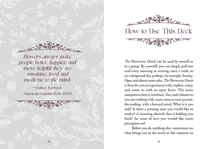 A two-page spread from The Flowerwise Oracle by Schiffer Publishing, Ltd. shows a floral background with a Luther Burbank quote on the left and "How to Use This Deck" oracle card instructions on the right.