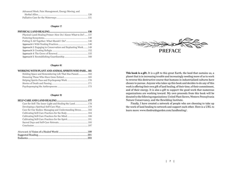 A book spread from Land Healing by Schiffer Publishing, Ltd. shows the table of contents with chapter titles and page numbers on the left, and a preface with decorative branch art introducing metaphysical healing on the right. Page 7 appears at the bottom.
