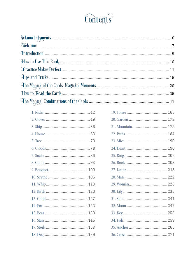 A table of contents from "The Magick of Lenormand Card Reading" by Schiffer Publishing, Ltd., lists sections like Acknowledgments, Introduction, Practice Makes Perfect, card meanings, and combinations, with page numbers right-aligned.