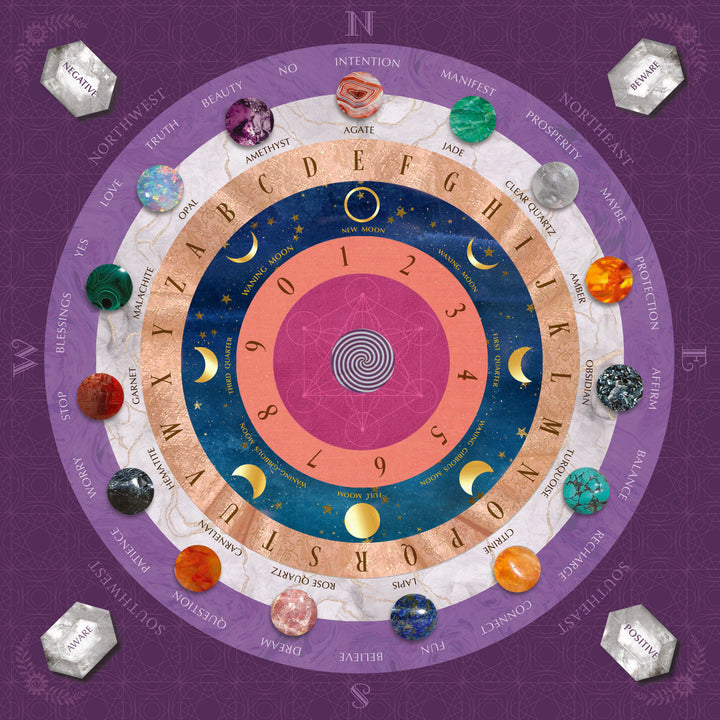 The Crystal Spirit Talking Board and Guidebook by Schiffer Publishing, Ltd. is a circular board with stones, crystals, moon phases, letters, numbers, and words like “Manifest” on a purple background with directional markers to channel crystal energy.