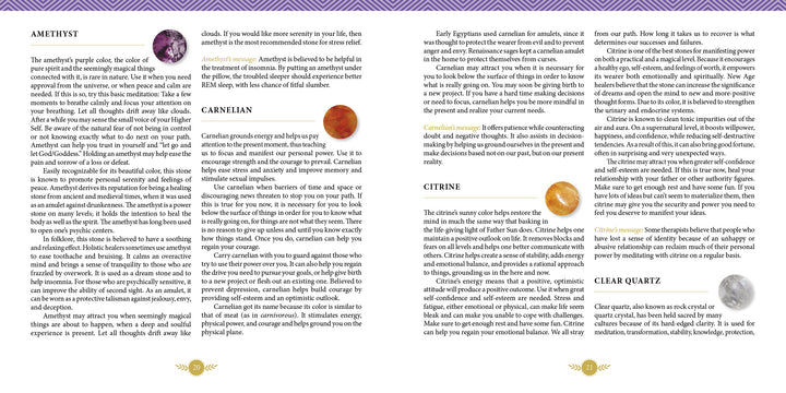 A two-page spread in Schiffer Publishing, Ltd.'s The Crystal Spirit Talking Board and Guidebook showcases five crystals—amethyst, carnelian, citrine, clear quartz, and selenite—detailing their properties, uses, and sacred energy connections.