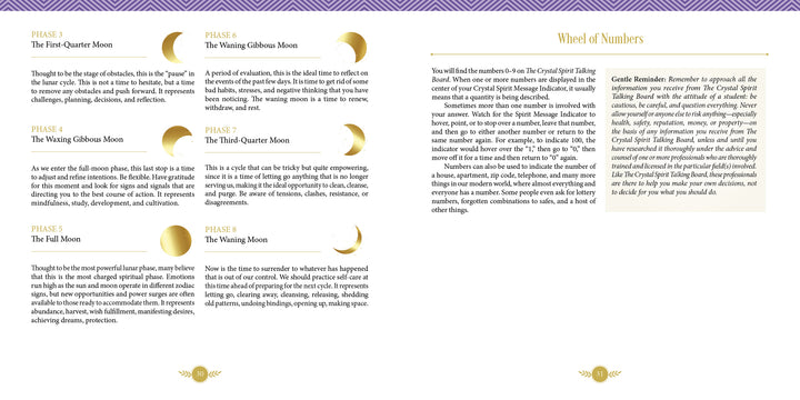 A two-page spread from Schiffer Publishing's The Crystal Spirit Talking Board and Guidebook shows moon phases with gold crescent icons, info on sacred crystal energy under a gold header, and a purple patterned top border.