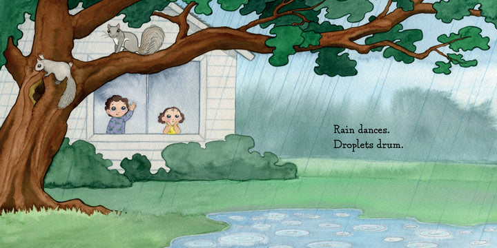 Two children watch rain fall on a pond as squirrels play in a tree. "Rain dances. Droplets drum." Hello, Rain! by Schiffer Publishing, Ltd. is a charming children’s book celebrating rainy days and nature exploration for kids.