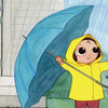 A cheerful child in a yellow raincoat holds a blue umbrella and smiles, while another puts on yellow boots by the door, with an adult nearby. "Hello, Rain!" by Schiffer Publishing, Ltd. is the perfect rainy day board book for nature-loving kids.