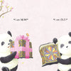 Two pandas stand side by side; the left, holding a shiny gift, says “I am NEW!” and the right, with a faded box, says “I am OLD.” A charming picture from "The Magic Box" by Schiffer Publishing, Ltd., for emerging readers, with blossoms and butterflies.
