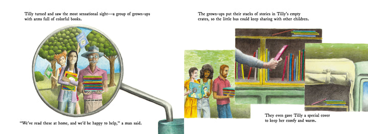 A group of smiling adults carrying stacks of colorful picture books is seen through a magnifying glass. Nearby, adults place books from Schiffer Publishing's The Book Bus on a shelf, while kids read and enjoy a special spot for Tilly.