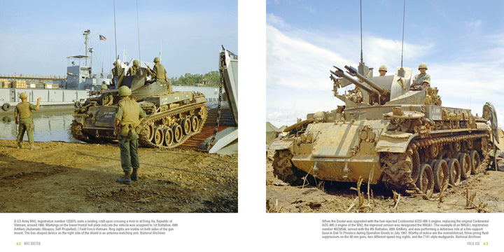 Two color photos from Schiffer Publishing, Ltd. show U.S. military with M42 Duster vehicles: one exiting a landing craft near water, the other featuring soldiers on a muddy Duster in a Vietnam War field.
