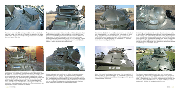 A collage of eight close-up photos displays details and components of M48 Patton tank turrets and hatches, each with descriptive captions explaining features and design, from Schiffer Publishing, Ltd.