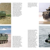 Four photos of USMC Tracked Amphibious Vehicles from Schiffer Publishing, Ltd. display AAVP7A1s in action: driving on sand, splashing through water, entering the ocean from a beach, and carrying armed soldiers in shallow water.