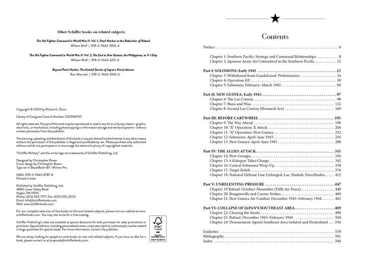 An open book, "South Pacific Air War" by Schiffer Publishing, Ltd., shows its copyright page on the left and a table of contents detailing chapters on topics like the Solomon Islands campaign and WWII—with sections and page numbers—on the right.