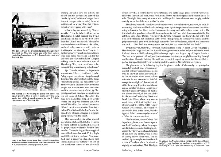 A two-page spread from Schiffer Publishing's "The Spray and Pray Squadron" shows B&W photos of WWII soldiers and B-25 bombers, with multi-column text and captions on the Chinese-American Composite Wing in the China-Burma-India theater.