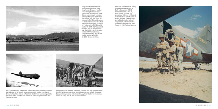 Troops board a C-47 Skytrain on a dirt airstrip; black-and-white photos at left show planes and soldiers preparing to depart during a historic operation.