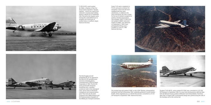 Schiffer Publishing, Ltd.'s C-47 Skytrain set features five vintage photos of this iconic WWII transport—shown on runways, in flight, and parked—plus informative text detailing its history and specifications.