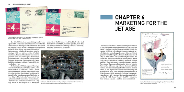 A Schiffer Publishing, Ltd. book spread features vintage airmail envelopes, a jet engine photo, and a 1952 De Havilland DH.106 Comet ad with flight attendant and plane artwork, highlighting the marketing of the first commercial jet airliner.