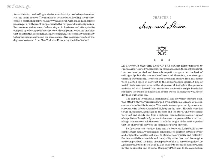 A book spread from The Adriatic Affair by Schiffer Publishing, Ltd. features chapter 5, "Iron and Steam." The right page shows a nautical wheel icon and an intro to the Le Lyonnais shipwreck; the left page ends the previous chapter.