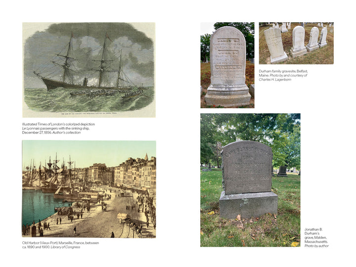 A collage for "The Adriatic Affair" by Schiffer Publishing, Ltd. features two vintage harbor and ship scenes (including Le Lyonnais) on the left and four historic gravestone photos with location captions on the right.