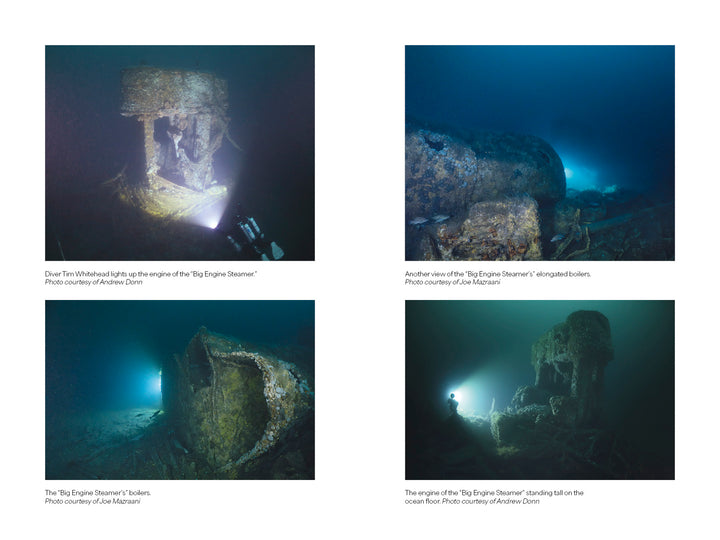 Four underwater photos from The Adriatic Affair by Schiffer Publishing, Ltd.: a diver inspects an engine, ship’s boilers, another engine angle, and a diver’s silhouette near remains from this Nantucket maritime disaster.